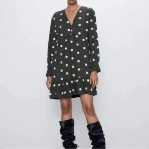 Zara Olive Green Baby Doll Tiered Ruffle Polka Dot Mini Dress Size Large